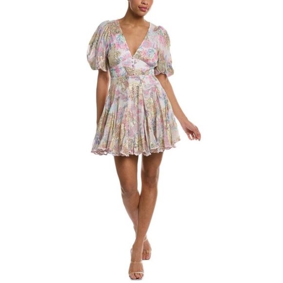 Hemant And Nandita Metallic Floral Puff-Sleeve Minidress in White - Picture 4 of 5